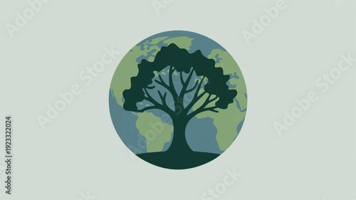 Minimalist tree icon on a green earth background symbolizing nature and ecology