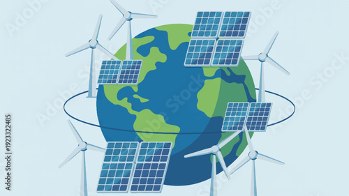 Earth with solar panels and wind turbines for renewable energy and sustainability