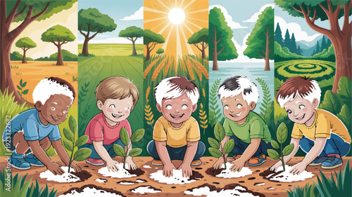 Diverse children planting seeds in soil outdoors in a sunny natural environment together