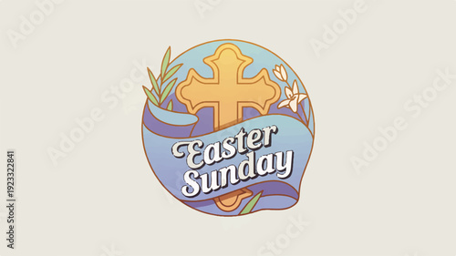 Easter sunday badge icon with cross and floral elements on blue background