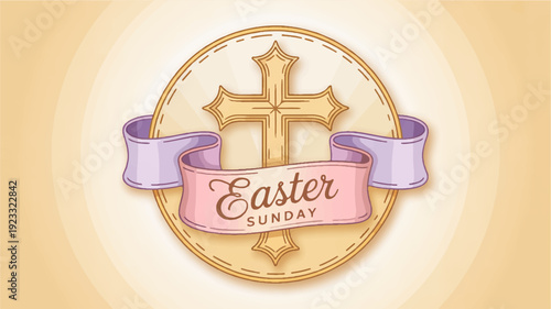 Easter sunday badge icon with cross and ribbon on golden background for holiday decoration