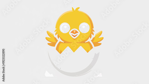 Cute minimalist icon illustration of happy yellow chick emerging from egg