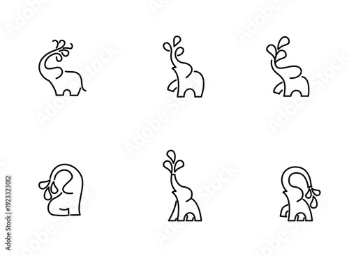 Minimalist Elephant Line Art Illustrations with Water Droplets and Leaf Elements
