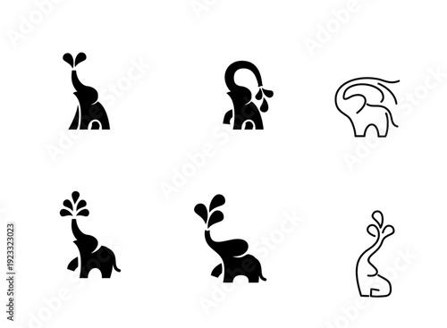 Creative elephant logo icons set featuring minimalist designs and water spray elements