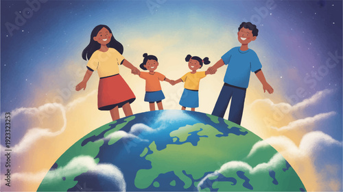 Heartwarming family illustration standing on earth with hands joined
