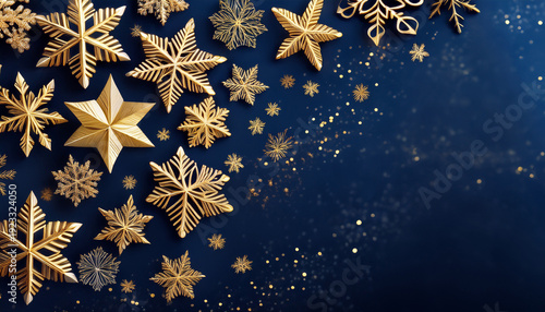 Elegant Gold Snowflakes Against A Deep Midnight Blue Background Create A Festive Atmosphere For Christmas Celebrations