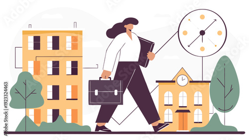 A professional woman carries a briefcase and folder while walking between office buildings with a large clock.