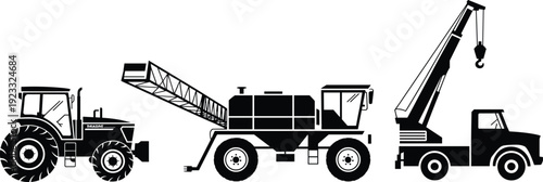Black vector silhouette set of heavy industrial and agricultural machinery including a farm tractor a crop sprayer and a mobile crane truck for agribusiness branding