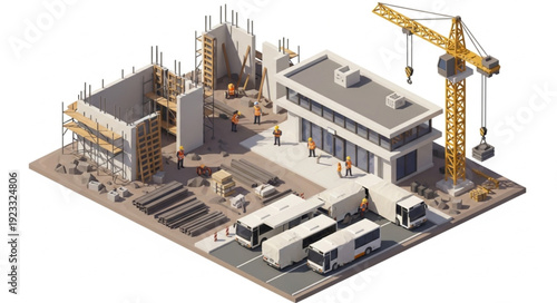 3D Construction Site with Crane and Buildings.