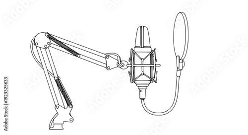 Minimal Monoline Podcast Microphone Vector Illustration Side Profile with Adjustable Arm and Shock Mount on White Background
