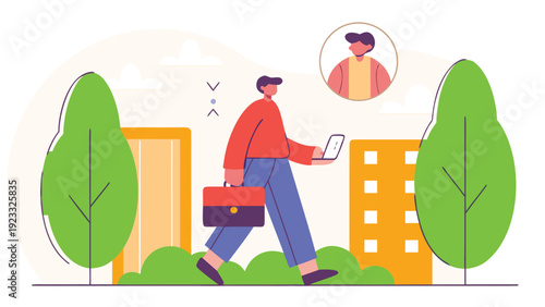 A man walks along a tree-lined street, carrying a briefcase and a laptop, with buildings in the background.