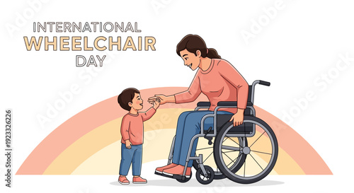 Illustration of a woman in a wheelchair and a young boy interacting on International Wheelchair Day with a rainbow background, promoting Disability inclusion and Accessibility.