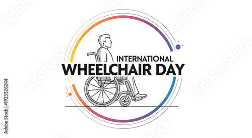 Illustration of a person in a wheelchair within a colorful circle for International Wheelchair Day, promoting disability inclusion and accessibility with assistive technology.