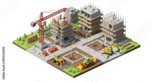 3D Construction Site with Buildings and Crane.