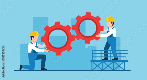 Workers Assembling Large Red Gears on Construction Site