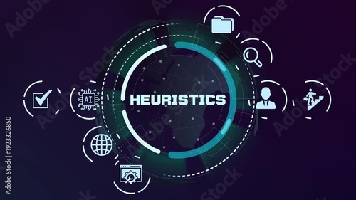  Abstract heuristics logic map showing problem solving pathways in a glowing digital neural network.
