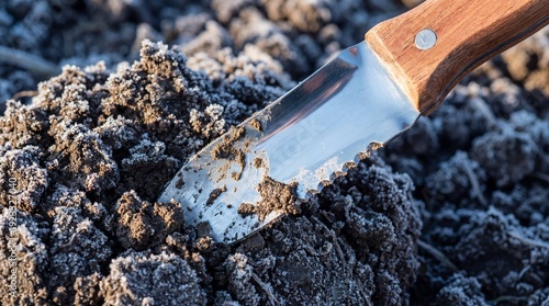 A close-up shot of a trowel...