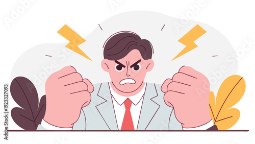 A close-up illustration of an angry businessman with clenched fists and lightning bolts above his head.