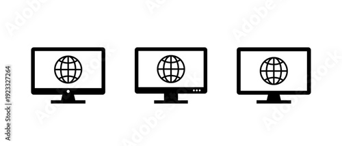 Computer monitor with internet globe icon set. Desktop screen with online web symbol