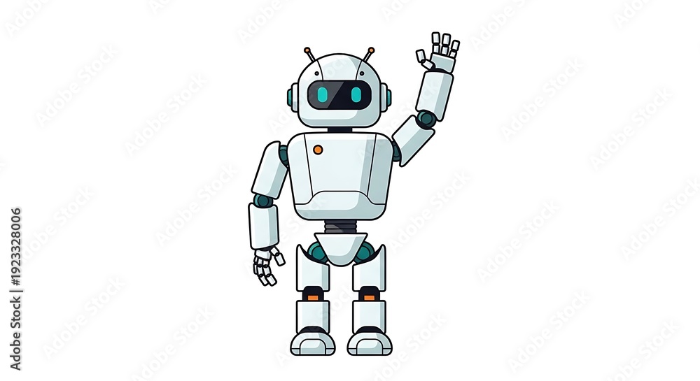 Fototapeta premium A robot waves its arm in a friendly gesture on a white background
