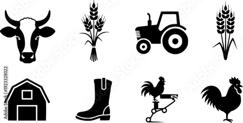 Agriculture Icons Featuring Black Silhouette Designs Of A Cow Tractor Barn Wheat Rooster And Boot
