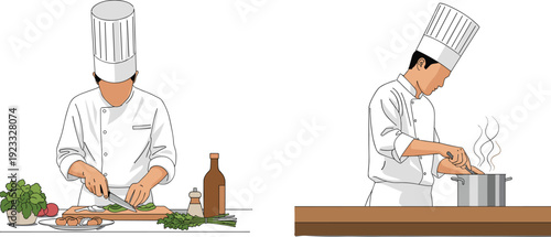 Professional Chef Cooking Vector Illustration with Food Preparation and Kitchen Scene for Culinary Arts Restaurant Branding and Gastronomy Designs