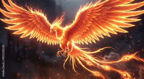 Vibrant illustration of a legendary fire bird, wings ablaze, ascending gracefully from the shadows, symbolizing renewal, power, and eternal life