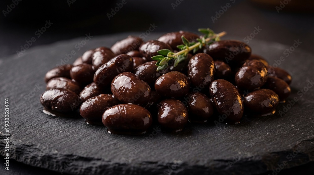 Obraz premium A close-up captures a pile of rich black beans, perfectly cooked and glistening, artfully arranged on a dark, textured slate, demonstrating the essence of gourmet.