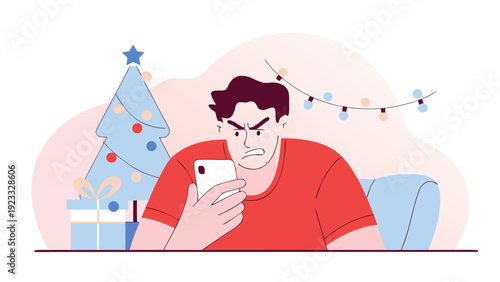 An angry man looks intensely at his smartphone while sitting indoors with a Christmas tree and presents.