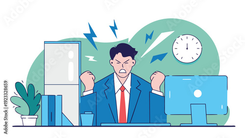 An angry businessman sits at his office desk, clenching his fists in frustration at work.
