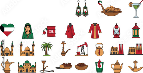 Middle Eastern Culture Icon Set with Traditional Clothing Architecture Food Oil Industry and Travel Symbols Collection in Flat Illustration Style