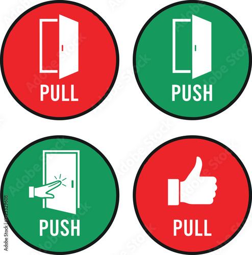 Push and Pull Door Sign Icons Set with Directional Symbols for Entrance Exit Instructions Office Building and Public Space Navigation Design
