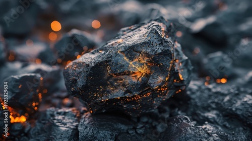 A close-up of glowing, hot coal pieces with sparks and embers illuminating the dark surface, highlighting intense heat and combustion.