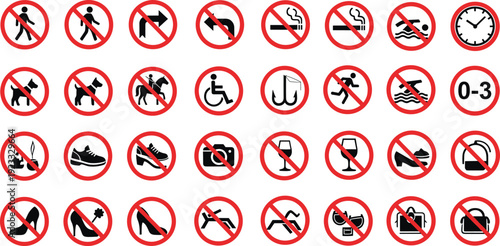 Prohibited Activities Sign Icon Set with Safety Restriction Symbols for Public Areas Warning Rules and Compliance Information Design Collection