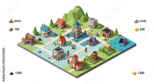 3D Isometric Village with Buildings and Water.