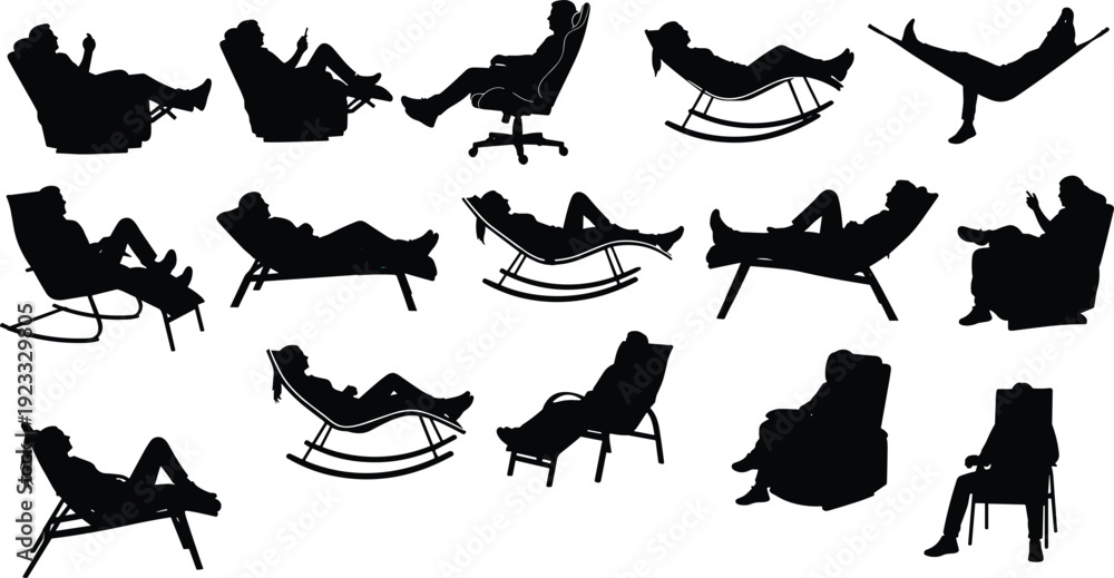 Fototapeta premium Relaxing People Silhouette Set with Lounge Chairs Recliners Rocking Seats and Resting Poses Collection for Lifestyle Comfort and Leisure Design