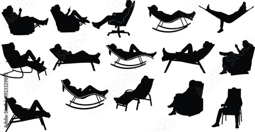 Relaxing People Silhouette Set with Lounge Chairs Recliners Rocking Seats and Resting Poses Collection for Lifestyle Comfort and Leisure Design
