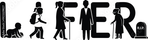 Life Stages Illustration Typography Showing Human Growth from Baby Child Adult to Elderly Concept with Silhouette Characters and Aging Symbol Design