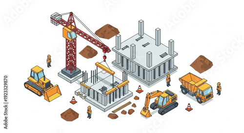 3D Construction Site with Crane and Workers.