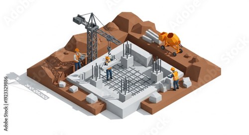 3D Construction Site with Crane and Workers.