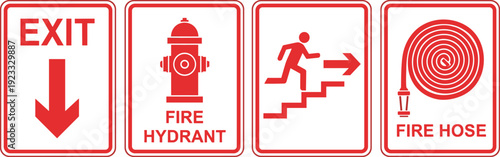 Emergency Exit and Fire Safety Sign Set with Hydrant Hose Evacuation Direction Symbols for Building Protection and Warning System Design