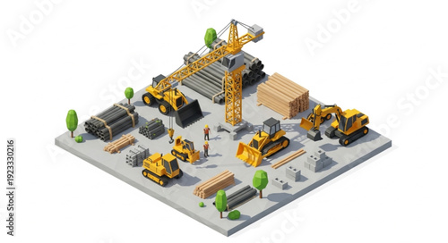 3D Construction Site with Heavy Machinery.