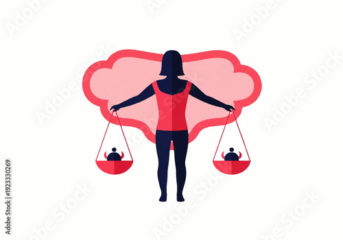 A woman in a red top and black pants holds scales with two people in each bowl, standing in front of a pink thought cloud in a flat design illustration vector.