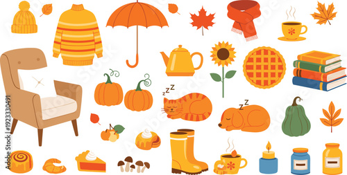 Autumn Cozy Elements Illustration Set with Fall Leaves Pumpkin Sweater Tea Pie Books and Home Decor Seasonal Lifestyle Collection