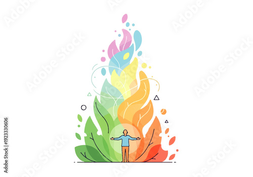 A vibrant Flat Design illustration of a person standing amidst colorful, swirling flames and leaves in a lively Vector graphic.