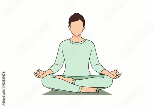 A serene Flat Design Ilustration Vector of a meditating man sitting in lotus position on a green mat against a clean white background with calming pastel colors.