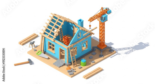 3D House Under Construction Site.