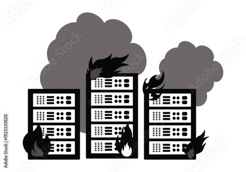 Burning server rack icon vector illustration.