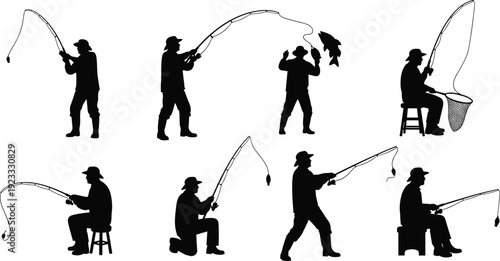 Black and white fisherman silhouette set, men fishing with rods and catching fish, isolated on white background, outdoor hobby vector.