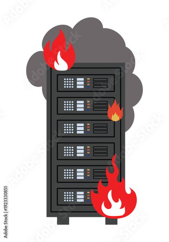 Server rack fire icon for disaster recovery and data Center emergency. Burning server rack icon vector illustration.